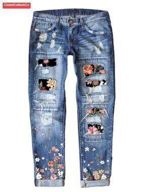High Rise Boyfriend Distressed Stretch Skinny Denim Jeans with Holes